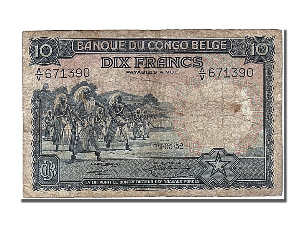 Banknote, Belgian Congo, 10 Francs, 1952, 1952-05-12, VF(30-35)