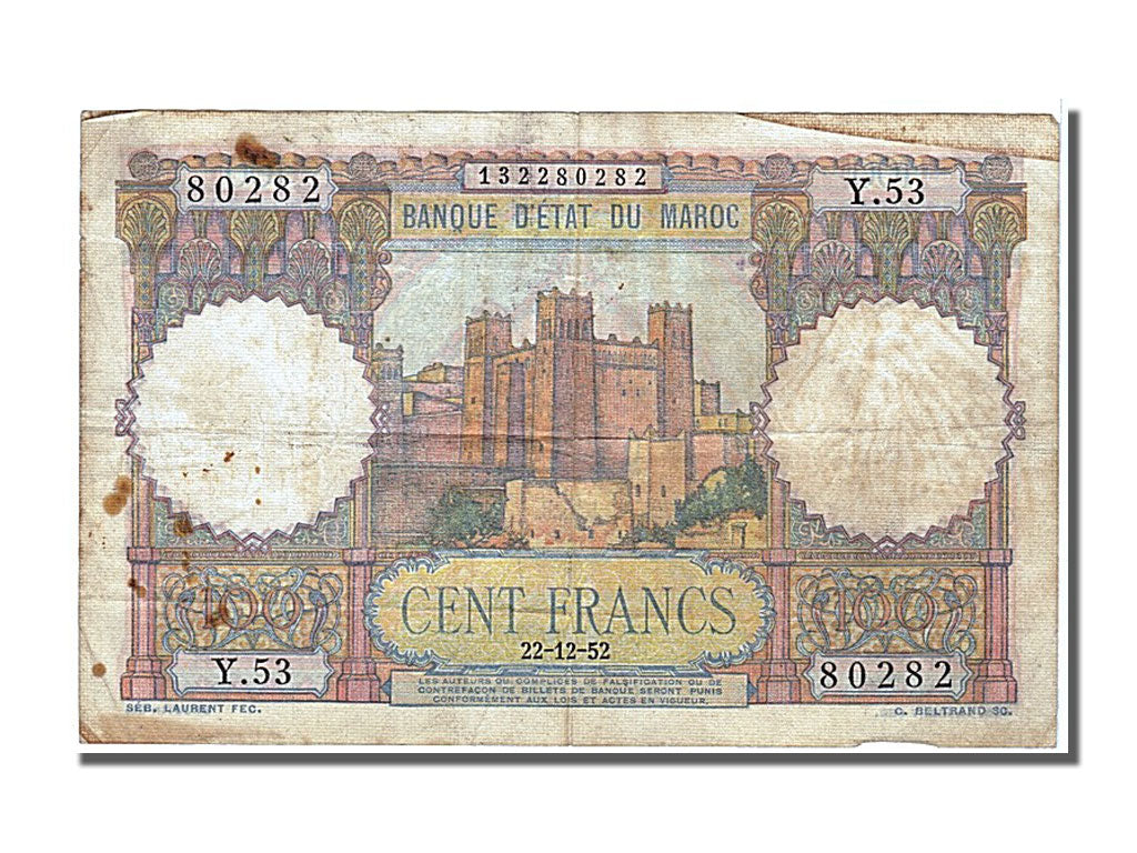 Morocco, 100 Francs, 1952, KM #45, 1952-12-22, VF(30-35), Y53