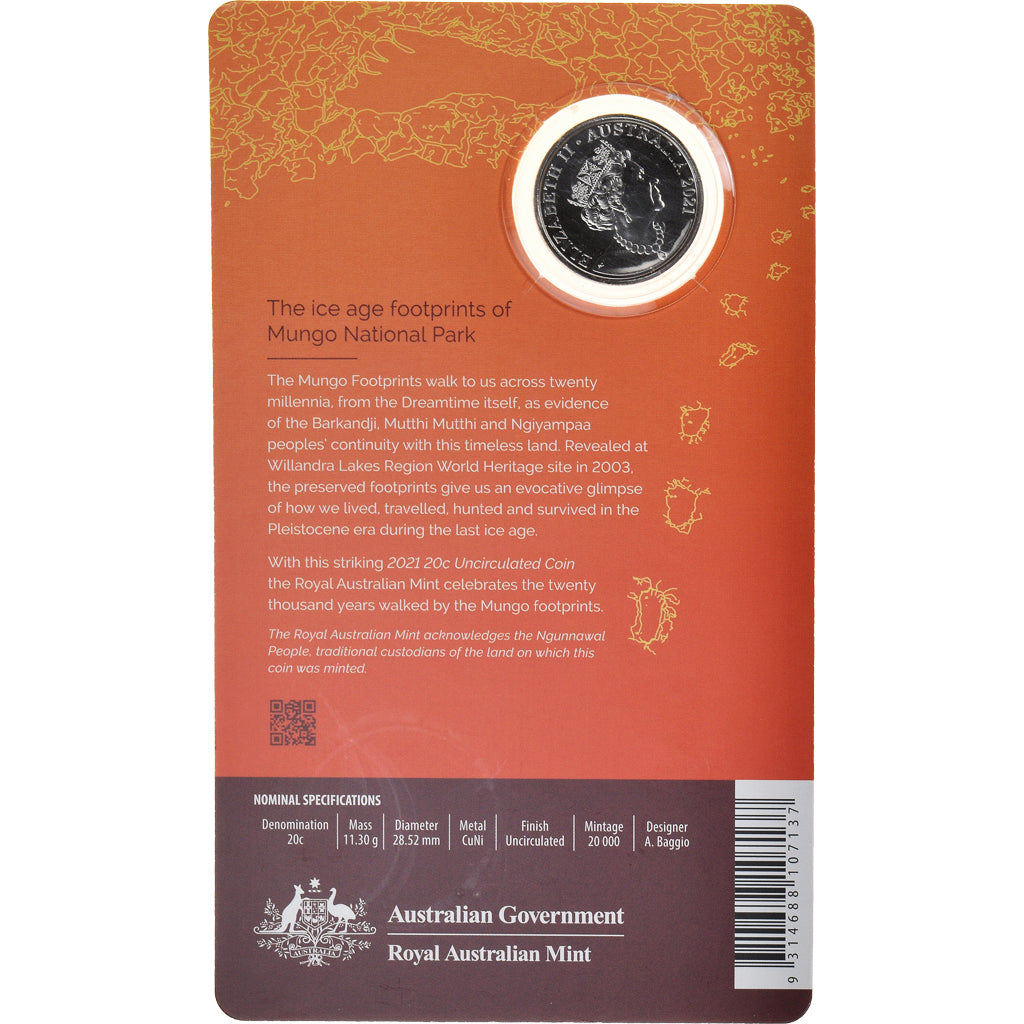Moeda, Austrália, Footprints, 20 Cents, 2021, SET.BU, MS(65-70), Cupronickel