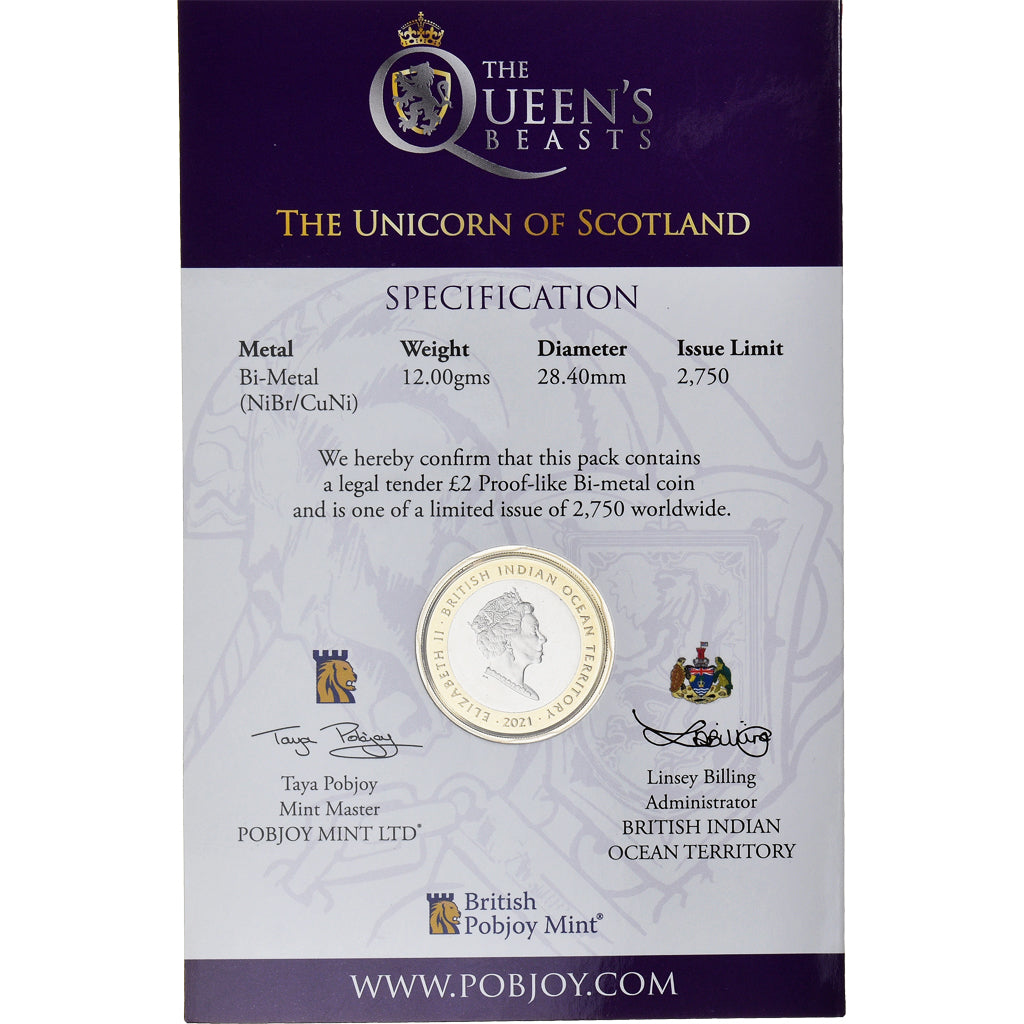 Coin, British Indian Ocean, 2 Pounds, 2021, Pobjoy Mint, The Unicorn of