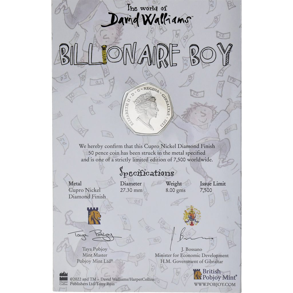 Coin, Gibraltar, 50 Pence, 2022, Pobjoy Mint, Billionaire Boy.Colorized.FDC