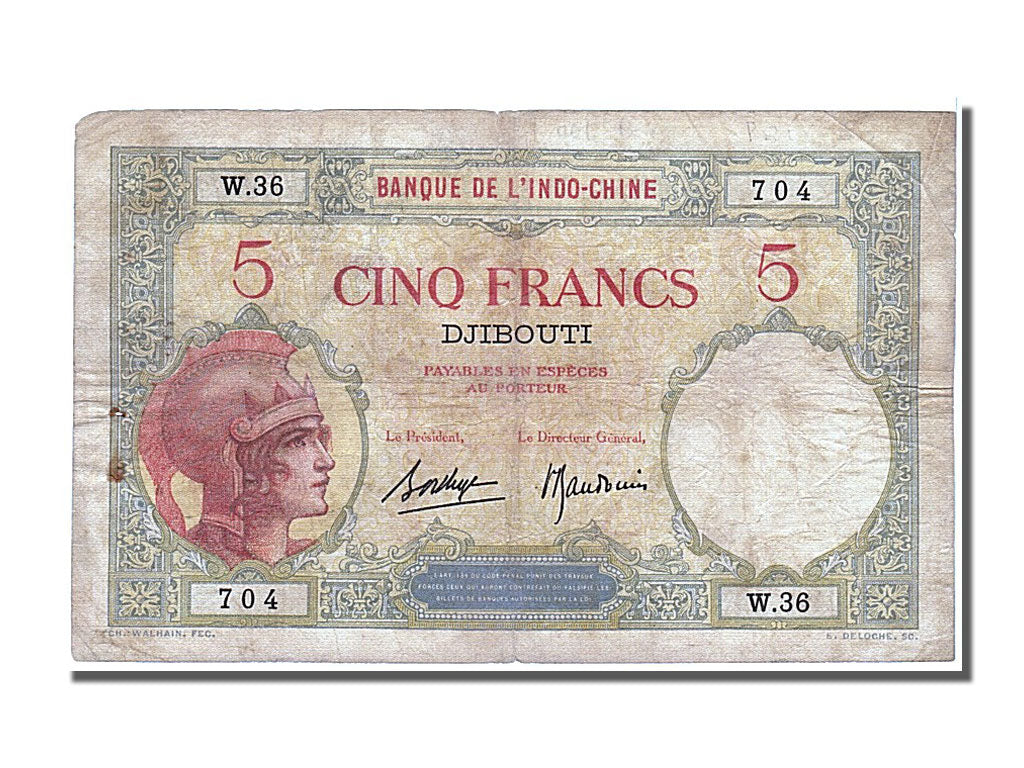 French Somaliland, 5 Francs, 1938, KM #6b, EF(40-45), W36
