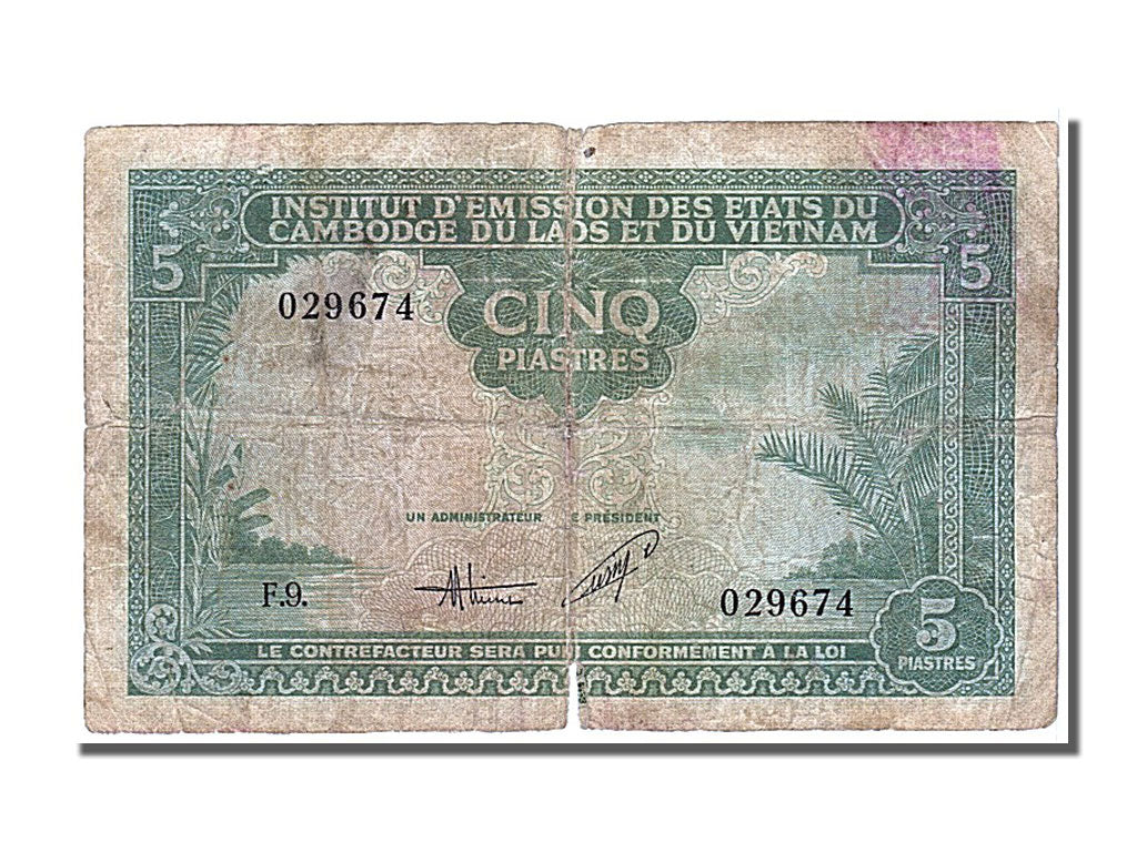 French Indo-China, 5 Piastres = 5 Dong, 1953, KM #106, VF(20-25), 029674