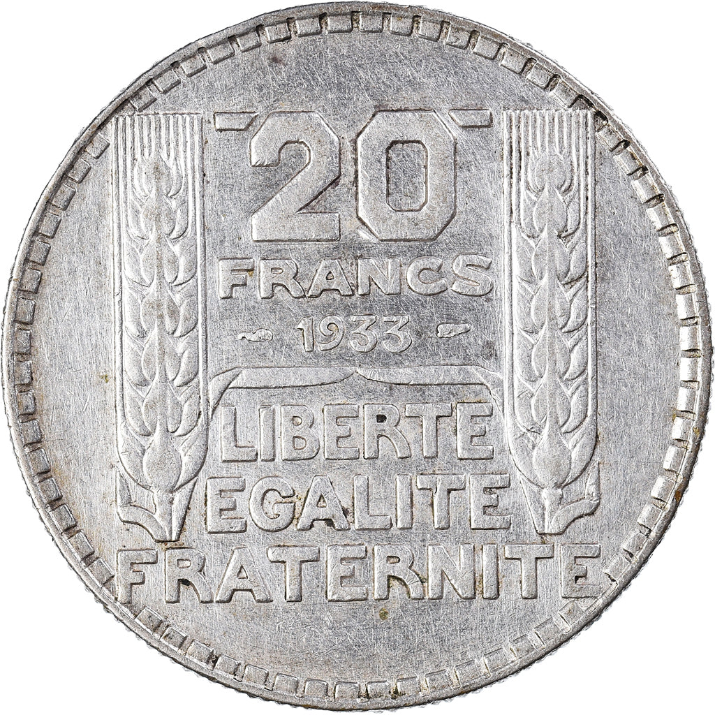 Moneda, Francia, Turin, 20 Francs, 1933, Paris, Rameaux longs, MBC, Plata