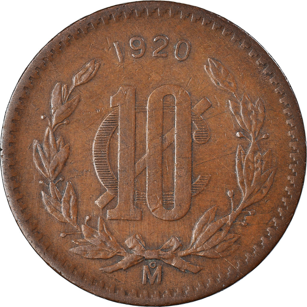 Moneda, México, 10 Centavos, 1920, Mexico City, MBC, Bronce, KM:430