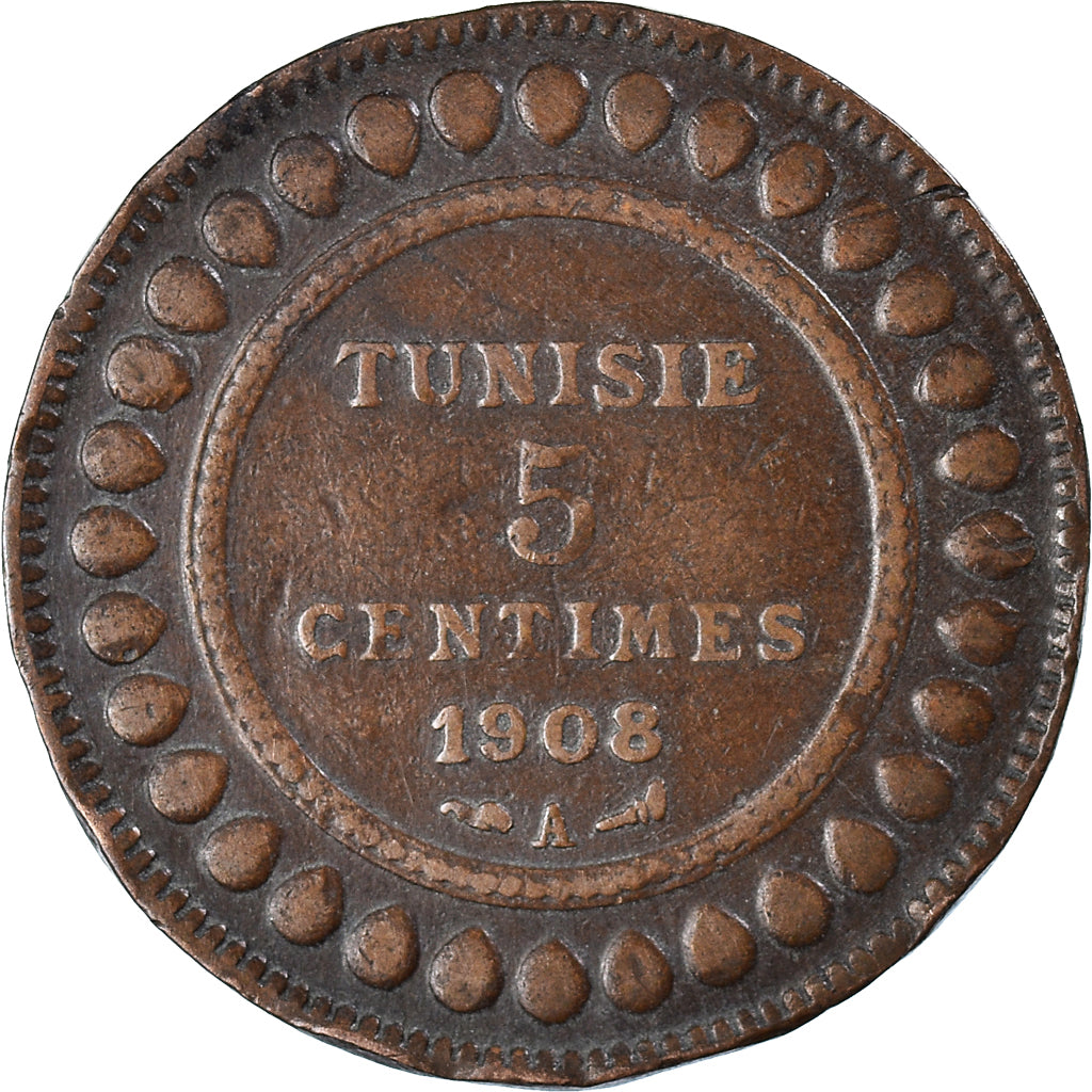 Coin, Tunisia, Muhammad al-Nasir Bey, 5 Centimes, 1908, Paris, EF(40-45)