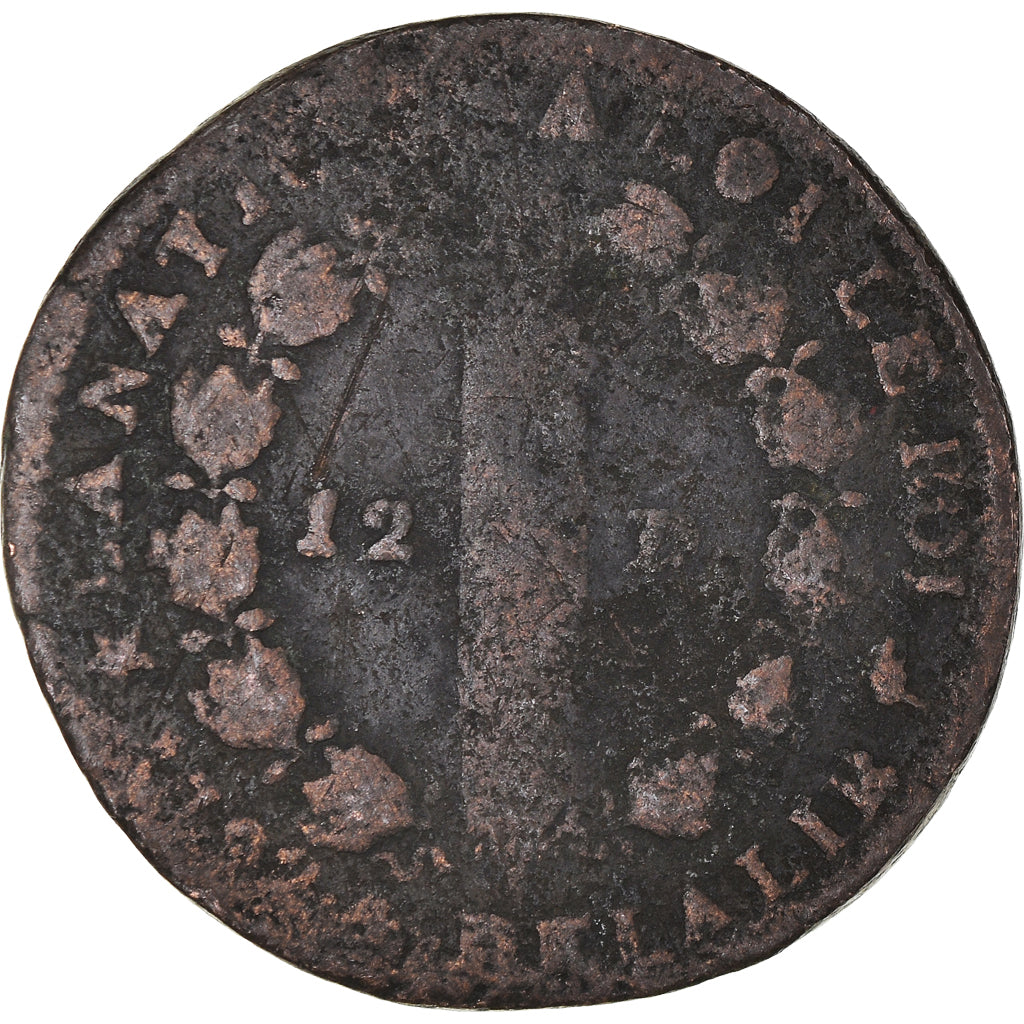 Moneta, Francia, Louis XVI, 12 Deniers, 1792, Marseille, B+, Rame, KM:600.11