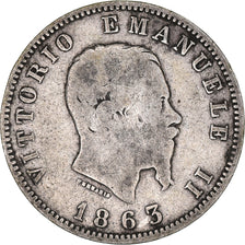 Moneda, Italia, Vittorio Emanuele II, Lira, 1863, Milan, BC+, Plata, KM:5a.1