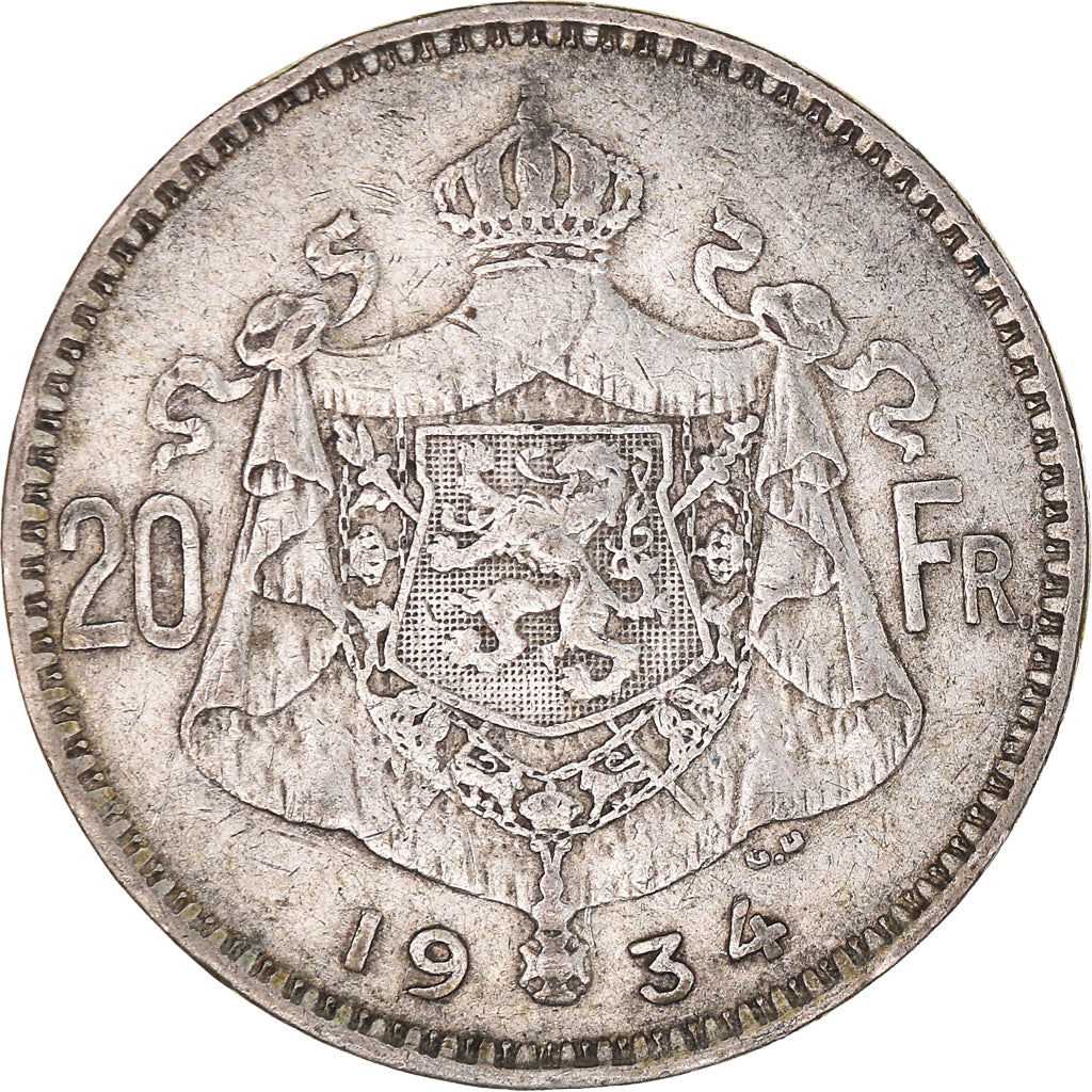 Coin, Belgium, Albert I, 20 Francs, 20 Frank, 1934, EF(40-45), Silver, KM:103.1