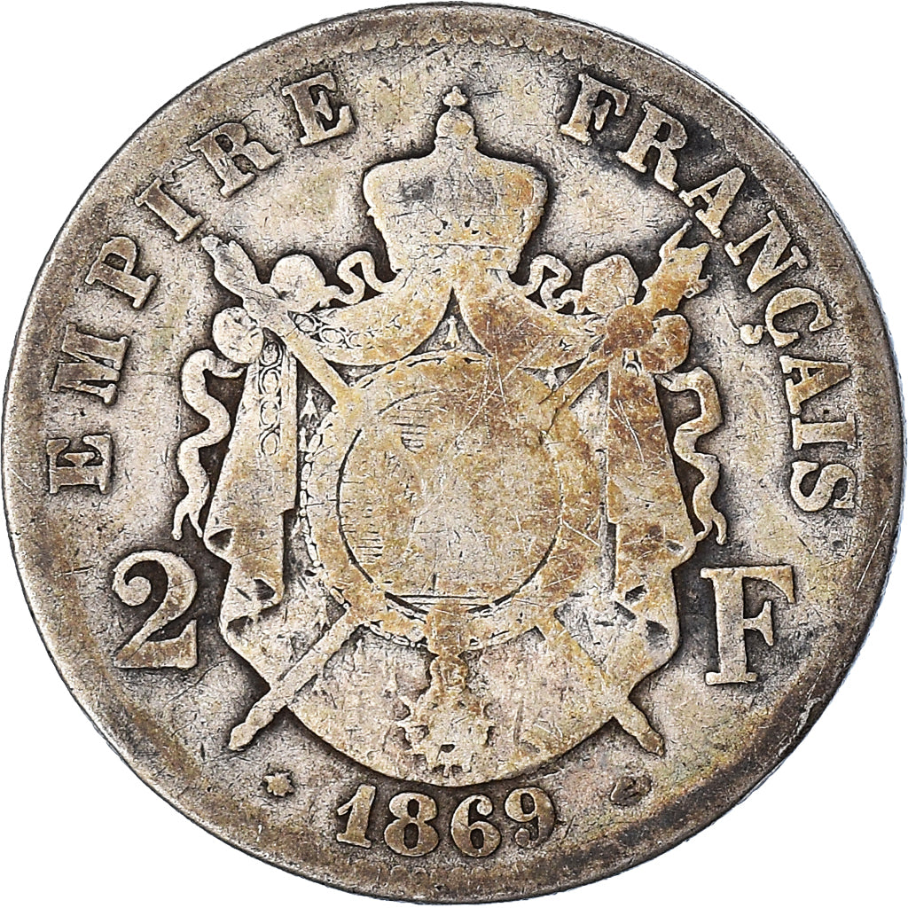 Moneda, Francia, Napoleon III, 2 Francs, 1869, Paris, BC, Plata, KM:807.1