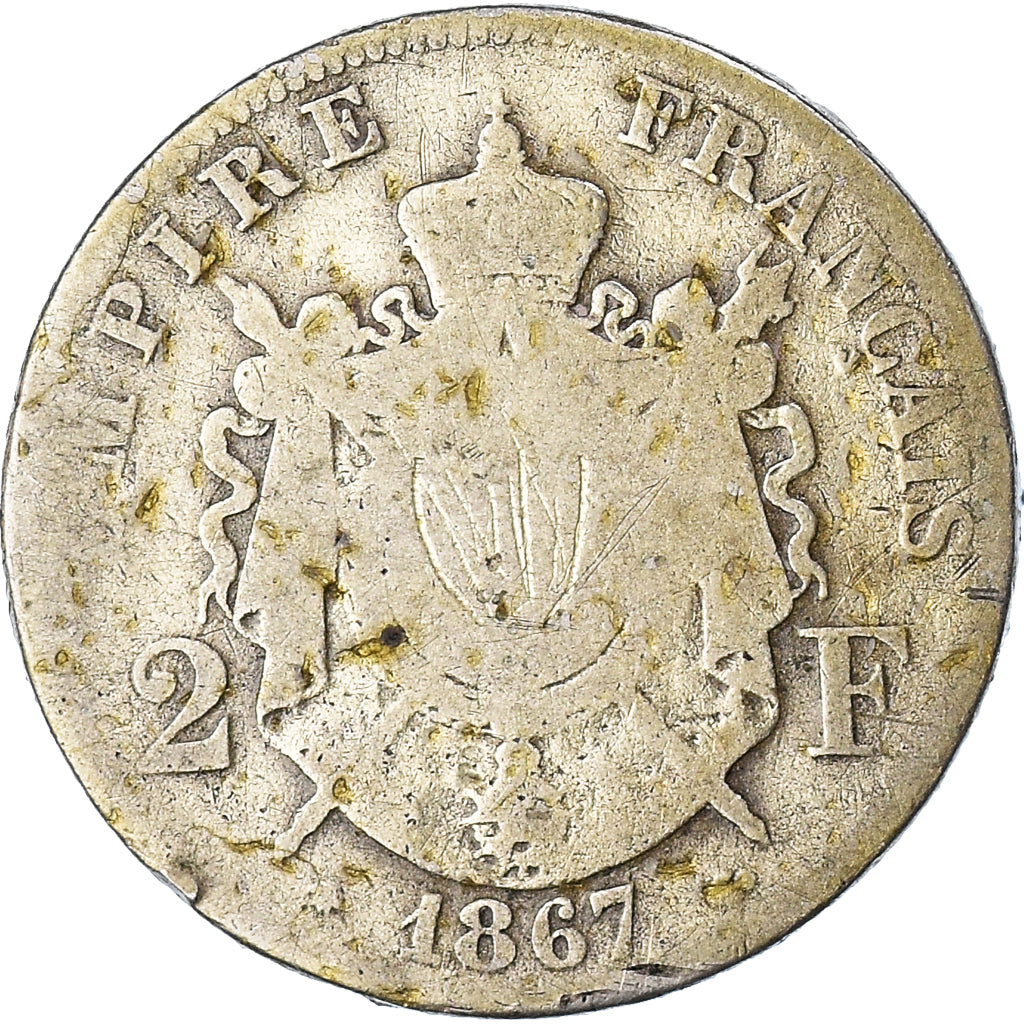 Moneda, Francia, Napoleon III, 2 Francs, 1867, Paris, BC, Plata, KM:807.1