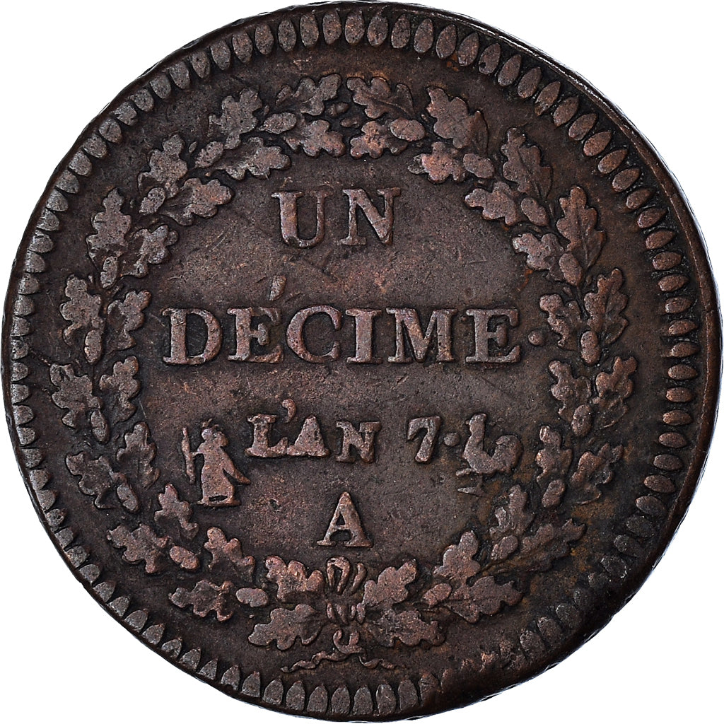 Moeda, França, Dupré, Decime, AN 7, Paris, EF(40-45), Bronze, KM:644.1