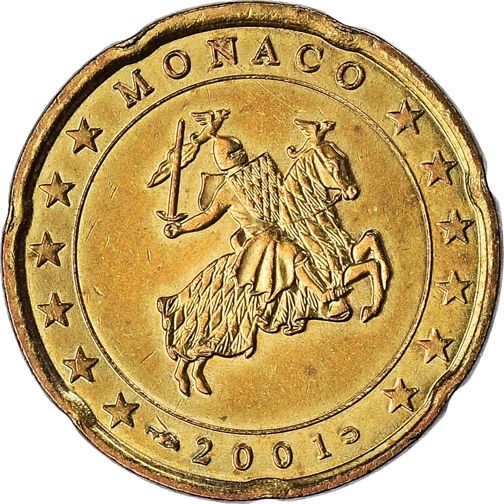 Monaco, Rainier III, 20 Euro Cent, 2001, Paris, AU(50-53), Brass, Gadoury:171