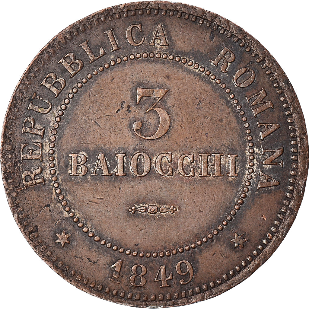 Coin, ITALIAN STATES, ROMAN REPUBLIC, 3 Baiocchi, 1849, Bologna, EF(40-45)