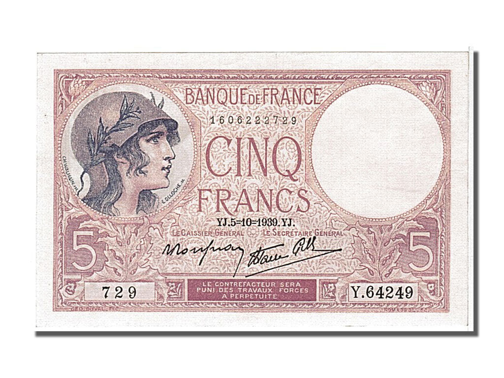 Billet, France, 5 Francs, 5 F 1917-1940 ''Violet'', 1939, 1939-10-05, NEUF