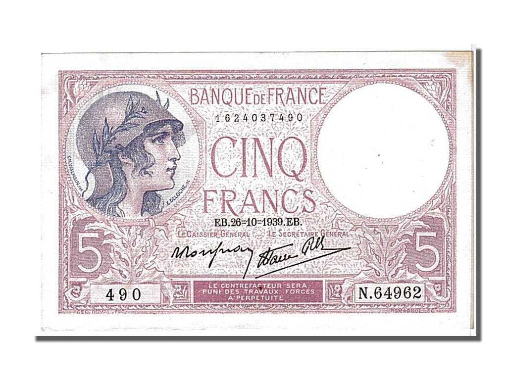 Billete, Francia, 5 Francs, 5 F 1917-1940 ''Violet'', 1939, 1939-10-26, SC