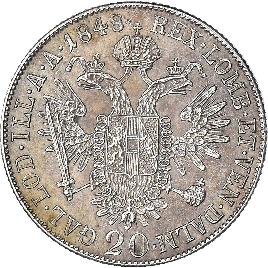 Coin, Austria, Ferdinand I, 20 Kreuzer, 1848, Vienne, EF(40-45), Silver, KM:2208