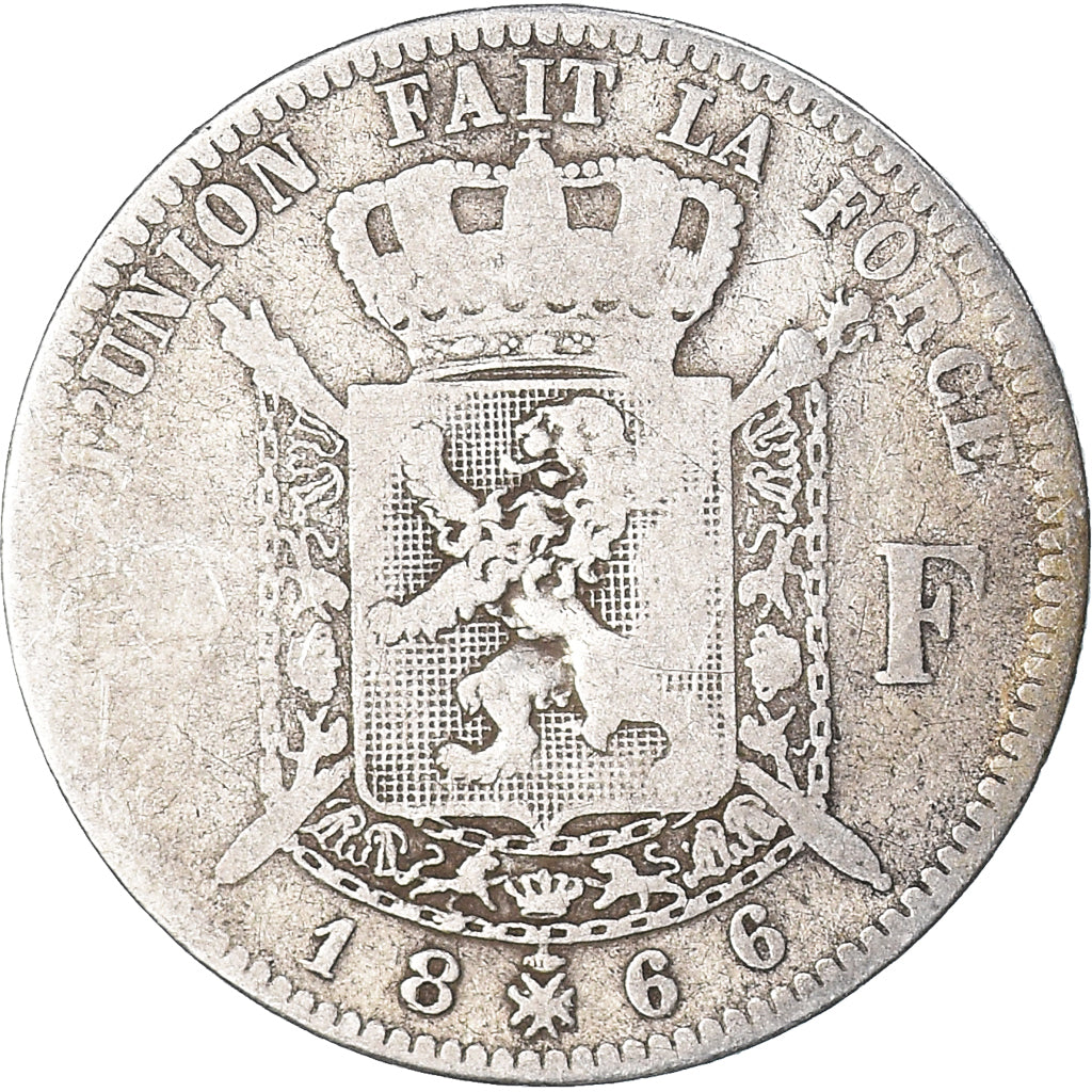 Coin, Belgium, Leopold II, 2 Francs, 2 Frank, 1866, F(12-15), Silver, KM:30.1