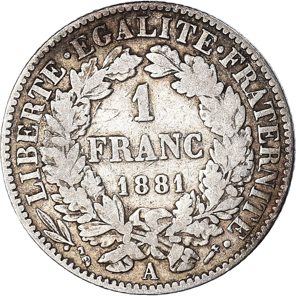 Monnaie, France, Cérès, Franc, 1881, Paris, TB, Argent, Gadoury:465a, KM:822.1