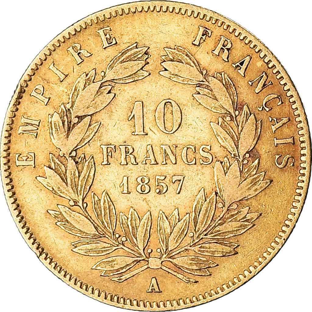 Moneda, Francia, Napoleon III, 10 Francs, 1857, Paris, BC+, Oro, KM:784.3
