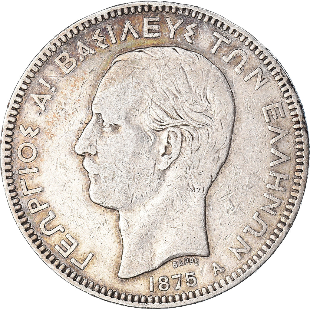Coin, Greece, George I, 5 Drachmai, 1875, Paris, VF(30-35), Silver, KM:46