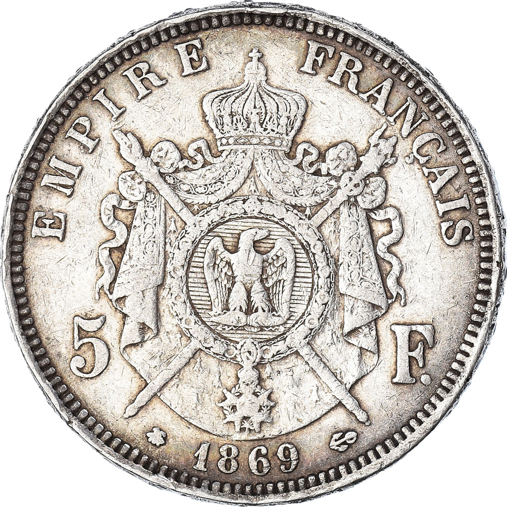 Moneta, Francia, Napoleon III, 5 Francs, 1869, Paris, MB+, Argento, KM:799.1