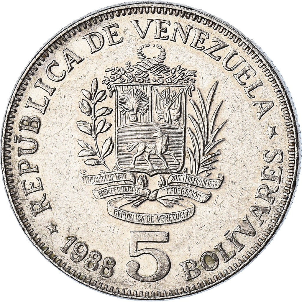 Monnaie, Venezuela, 5 Bolivares, 1988, TTB+, Nickel, KM:53.2