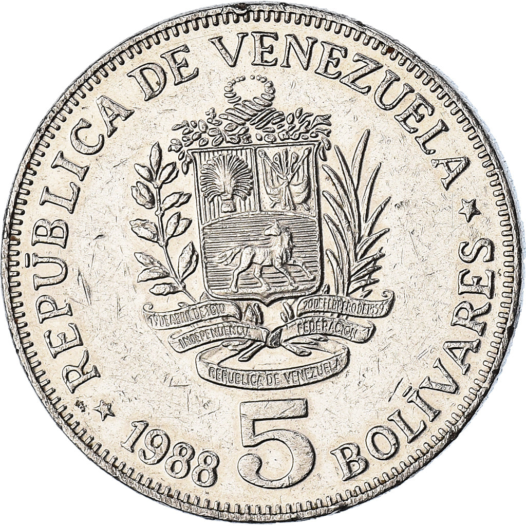 Moneda, Venezuela, 5 Bolivares, 1988, MBC+, Níquel, KM:53.2