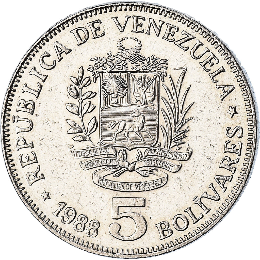 Moneda, Venezuela, 5 Bolivares, 1988, MBC+, Níquel, KM:53.2