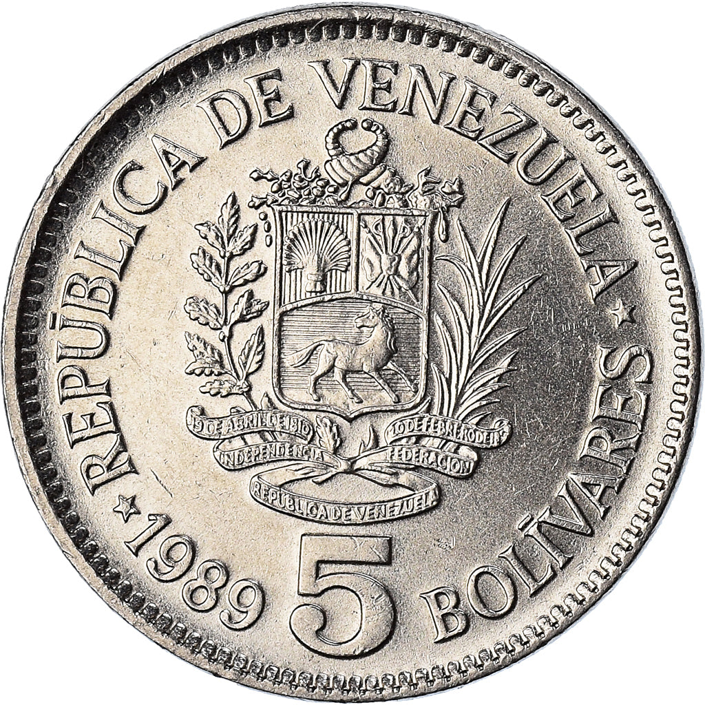 Moeda, Venezuela, 5 Bolivares, 1989, Werdohl, AU(55-58), Aço Revestido a