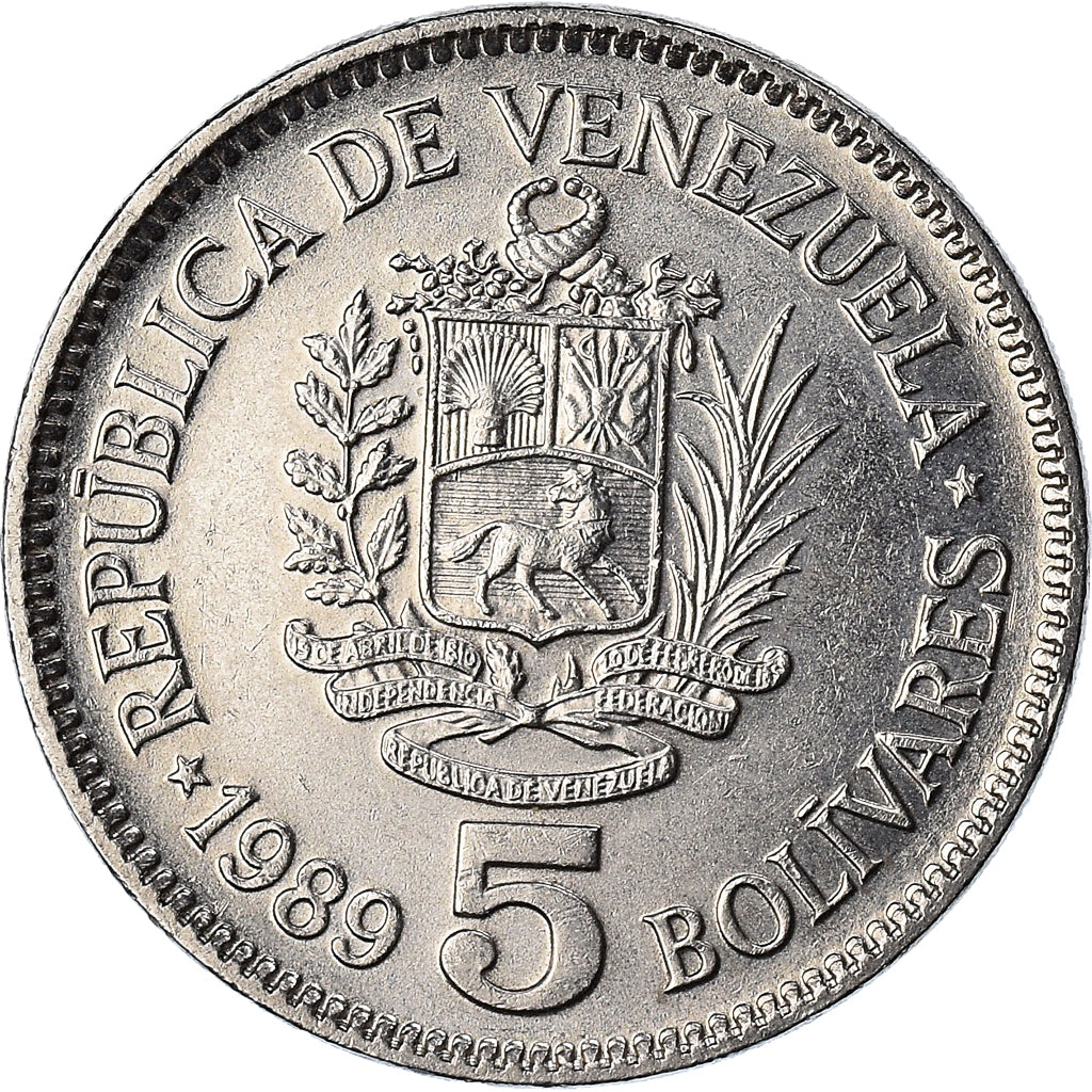 Moeda, Venezuela, 5 Bolivares, 1989, Werdohl, AU(50-53), Aço Revestido a