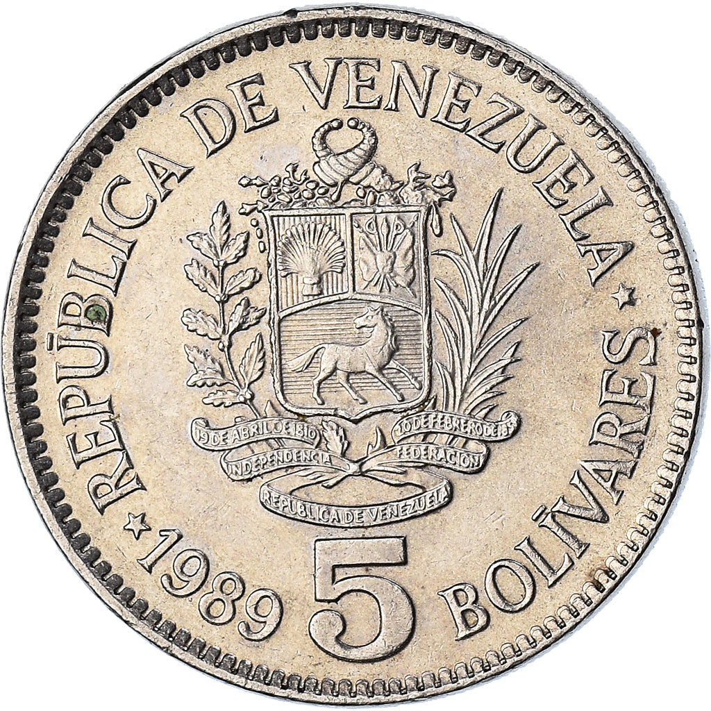 Coin, Venezuela, 5 Bolivares, 1989, Werdohl, EF(40-45), Nickel Clad Steel