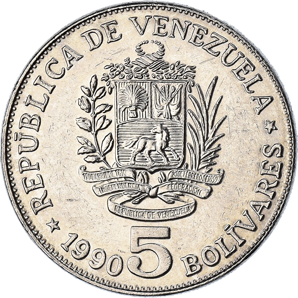 Moeda, Venezuela, 5 Bolivares, 1990, AU(50-53), Aço Revestido a Níquel
