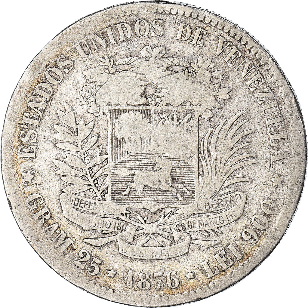 Monnaie, Venezuela, Venezolano, 1876, Paris, TB, Argent, KM:16