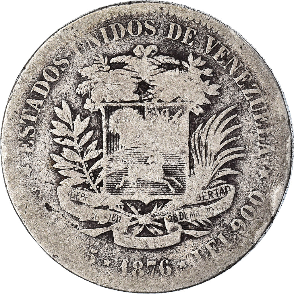 Monnaie, Venezuela, Venezolano, 1876, Paris, B+, Argent, KM:16