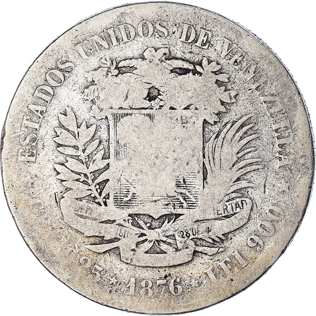 Monnaie, Venezuela, Venezolano, 1876, Paris, B+, Argent, KM:16