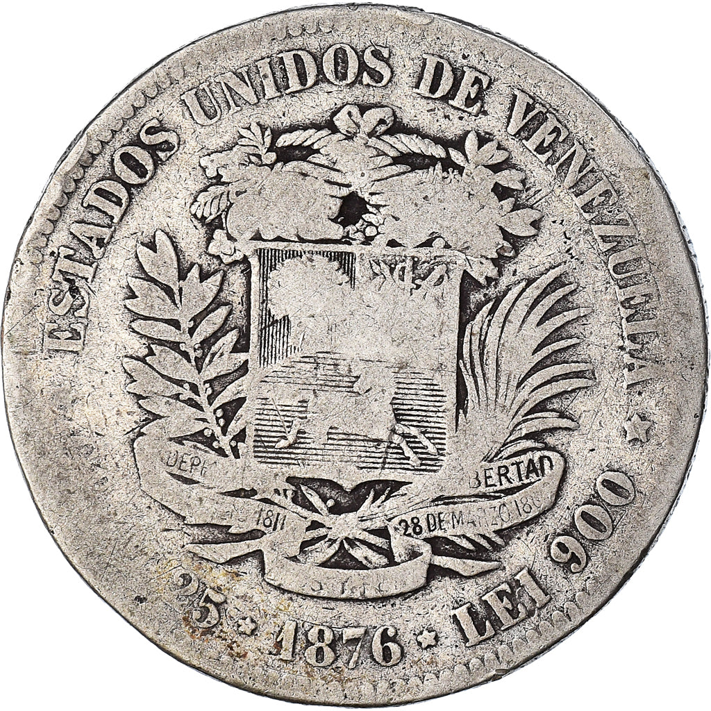Monnaie, Venezuela, Venezolano, 1876, Paris, B+, Argent, KM:16