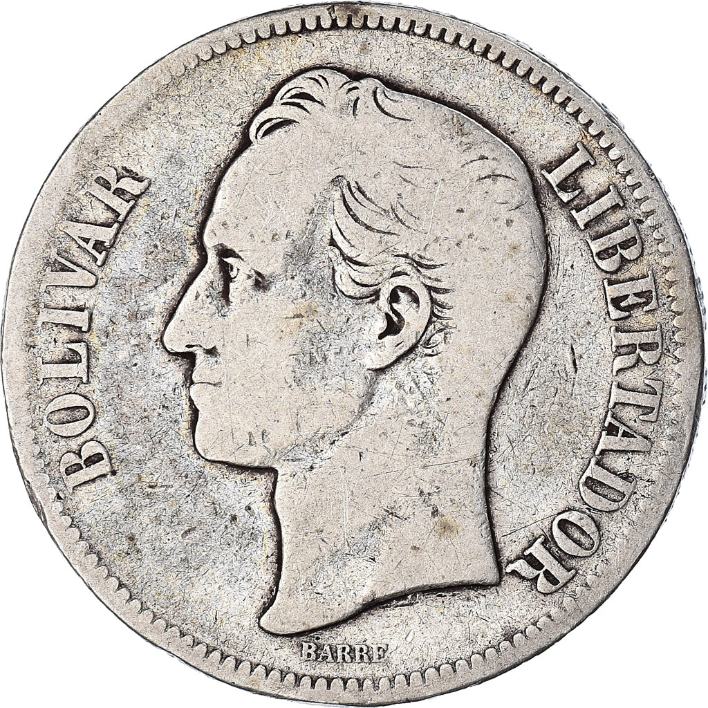 Coin, Venezuela, Gram 25, 5 Bolivares, 1879, VF(20-25), Silver, KM:24.1