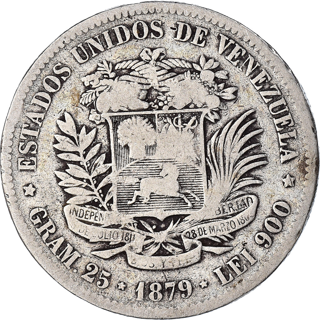 Coin, Venezuela, Gram 25, 5 Bolivares, 1879, VF(20-25), Silver, KM:24.1