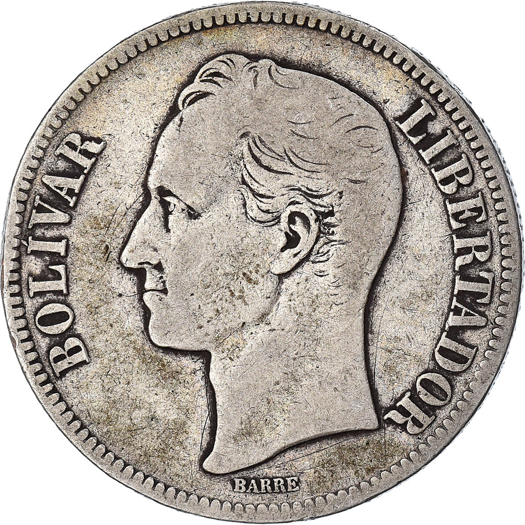 Coin, Venezuela, Gram 25, 5 Bolivares, 1879, VF(20-25), Silver, KM:24.1