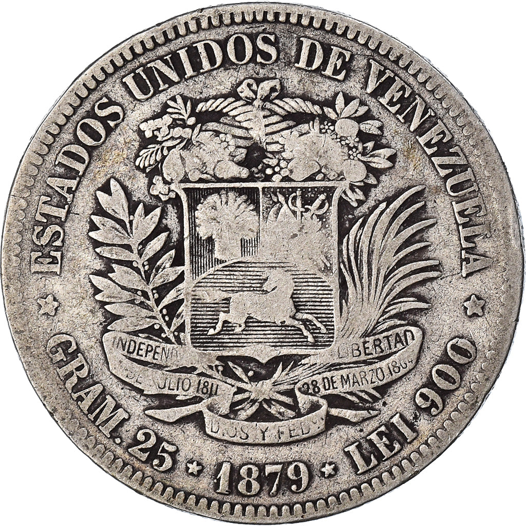 Coin, Venezuela, Gram 25, 5 Bolivares, 1879, VF(20-25), Silver, KM:24.1