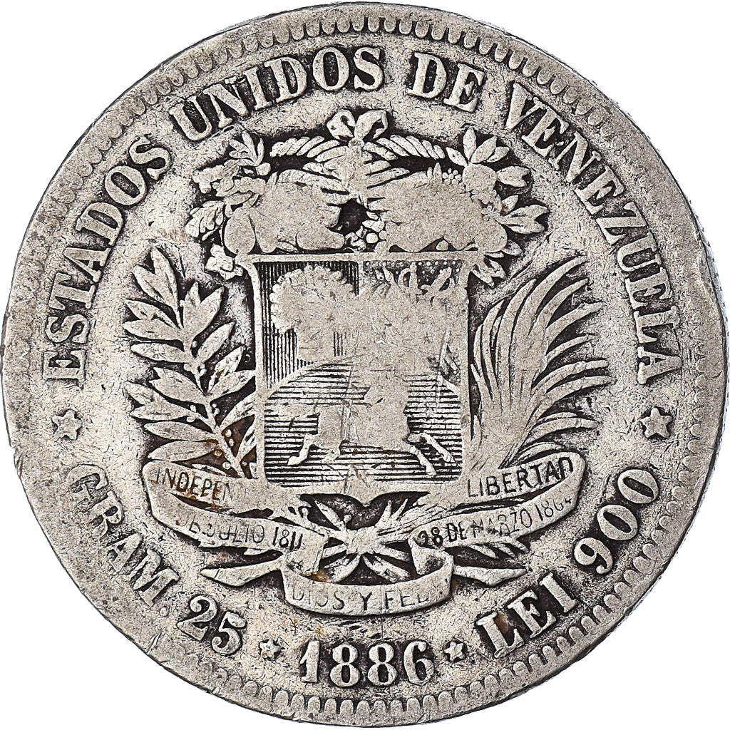 Monnaie, Venezuela, Gram 25, 5 Bolivares, 1886, TB, Argent, KM:24.1
