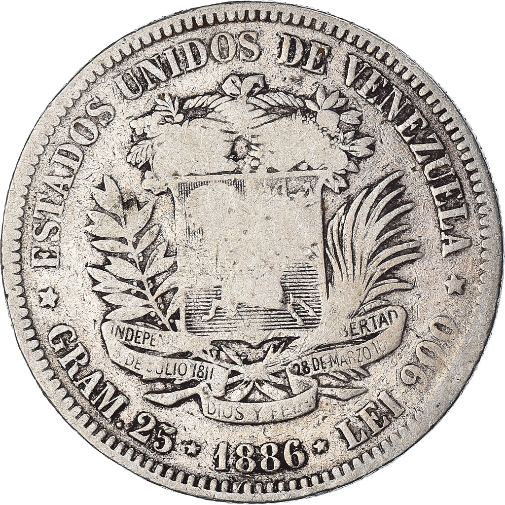 Coin, Venezuela, Gram 25, 5 Bolivares, 1886, VF(20-25), Silver, KM:24.1