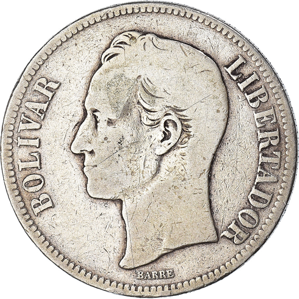 Coin, Venezuela, Gram 25, 5 Bolivares, 1887, VF(20-25), Silver, KM:24.1