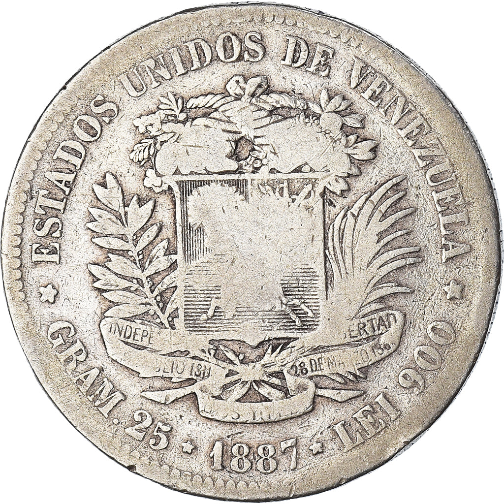Coin, Venezuela, Gram 25, 5 Bolivares, 1887, VF(20-25), Silver, KM:24.1