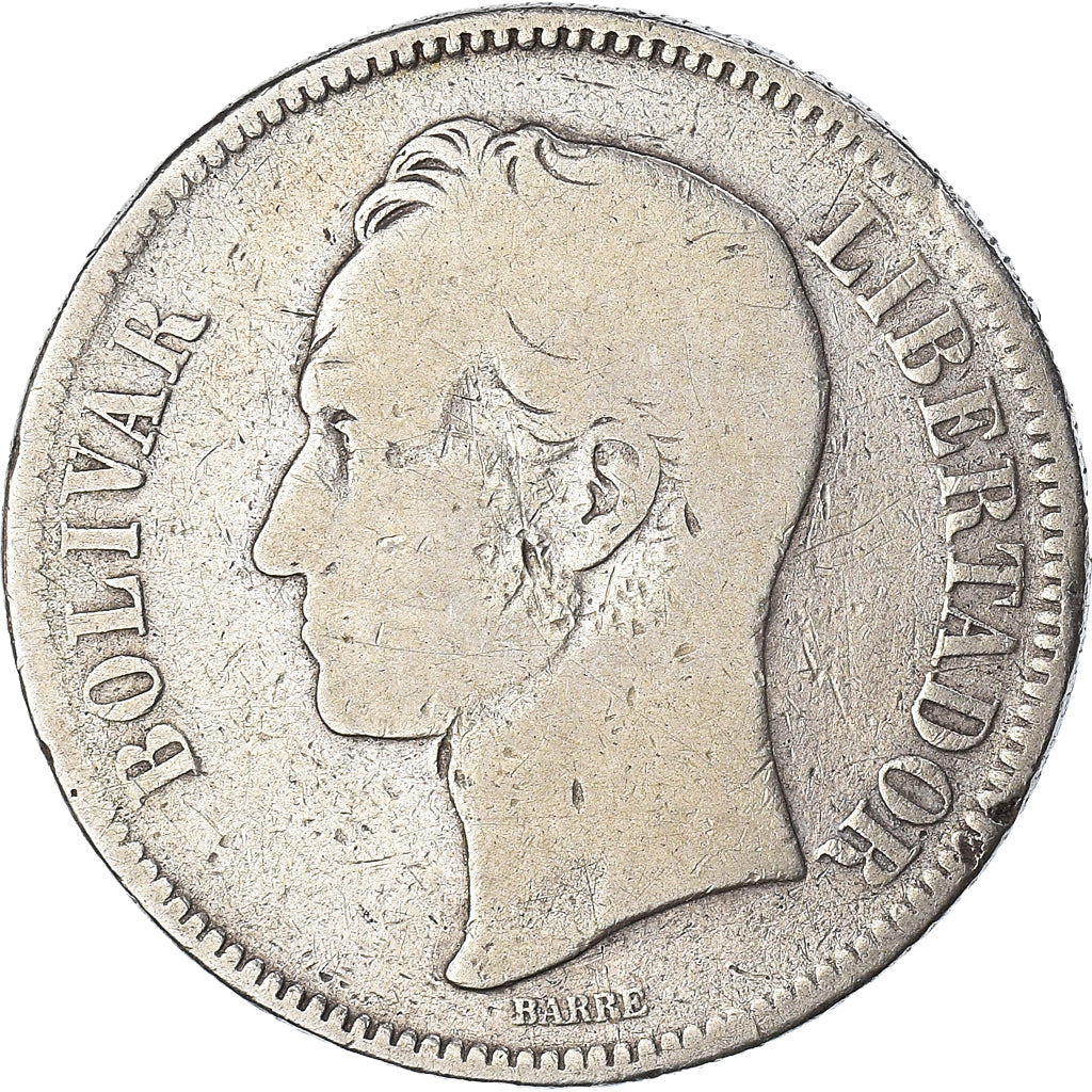 Coin, Venezuela, Gram 25, 5 Bolivares, 1887, VF(20-25), Silver, KM:24.1