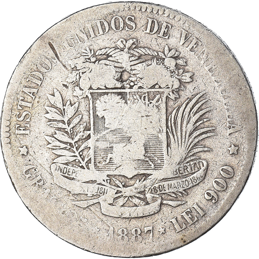 Coin, Venezuela, Gram 25, 5 Bolivares, 1887, VF(20-25), Silver, KM:24.1