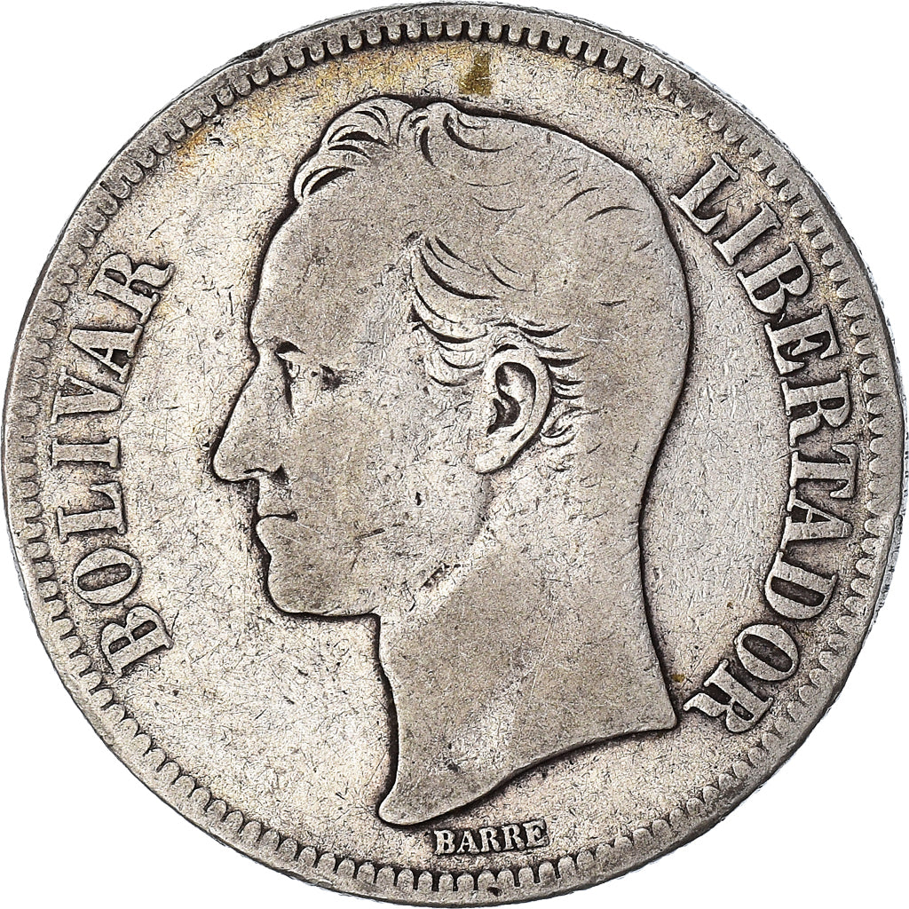 Coin, Venezuela, Gram 25, 5 Bolivares, 1887, VF(20-25), Silver, KM:24.1