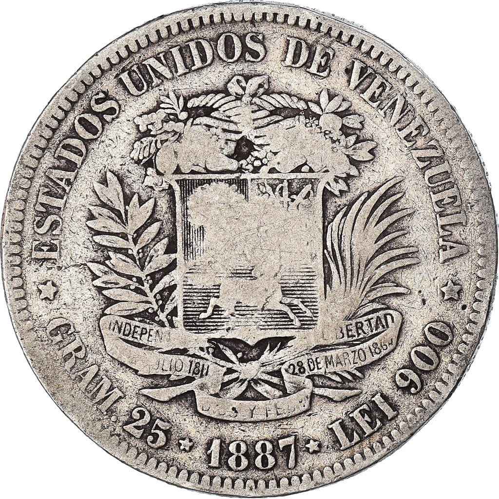 Coin, Venezuela, Gram 25, 5 Bolivares, 1887, VF(20-25), Silver, KM:24.1