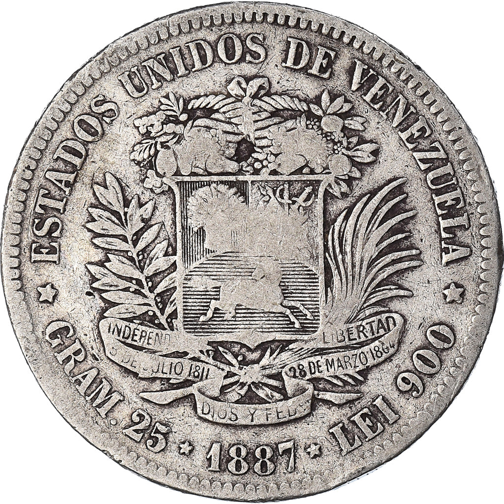Coin, Venezuela, Gram 25, 5 Bolivares, 1887, VF(20-25), Silver, KM:24.1